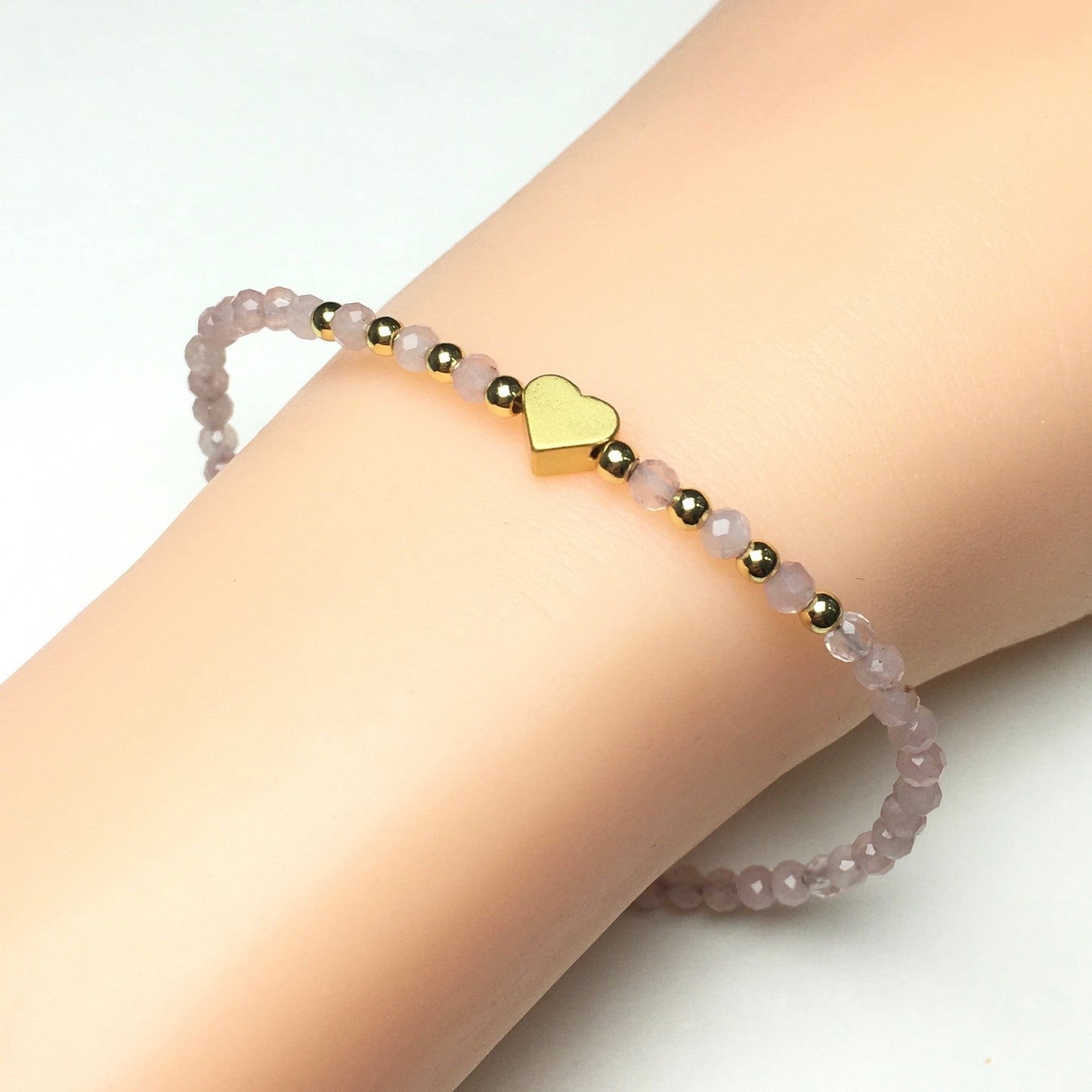 Rose Quartz Gemstone Adjustable Beaded Bracelet with Love Heart Charm