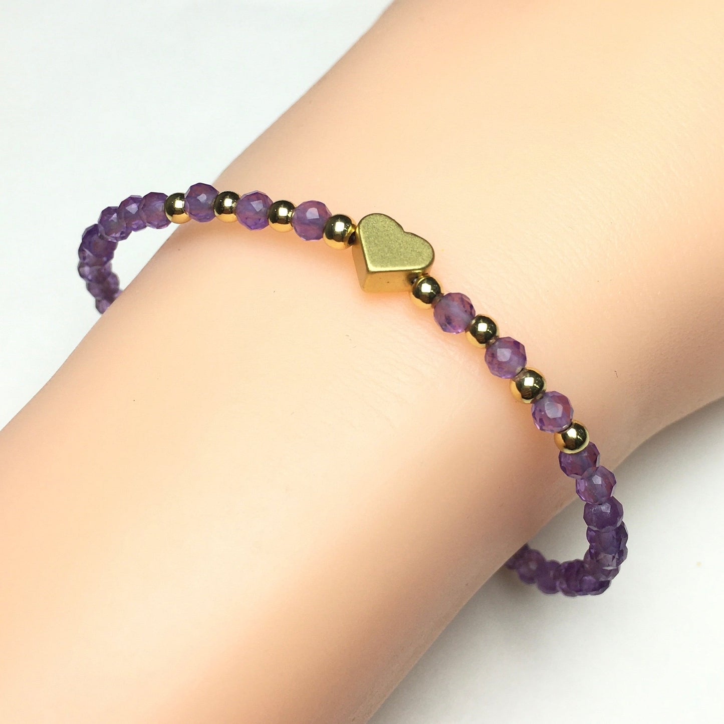 Amethyst Gemstone Adjustable tiny Beads Gemstone Bracelet with Love Heart Charm