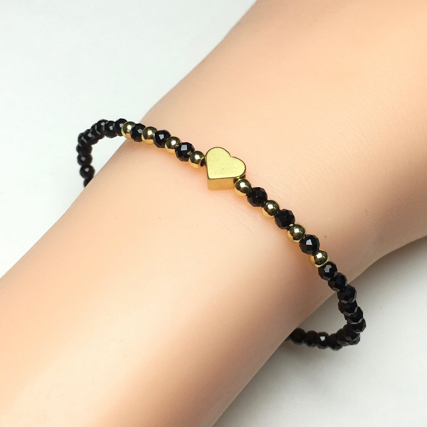Black Spinel Gemstone Adjustable Beaded Bracelet with Love Heart Charm