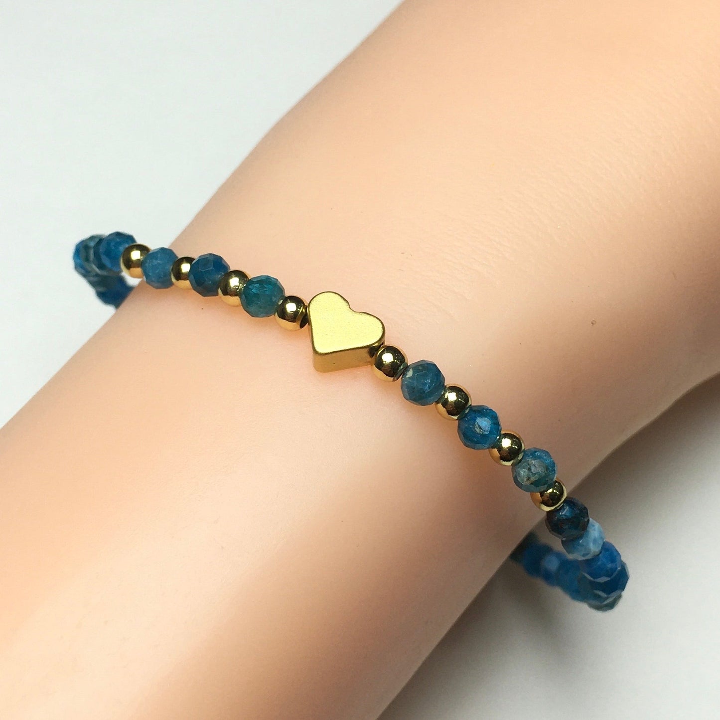 Blue Apatite Gemstone Adjustable tiny Beads Gemstone Bracelet with Love Heart Charm