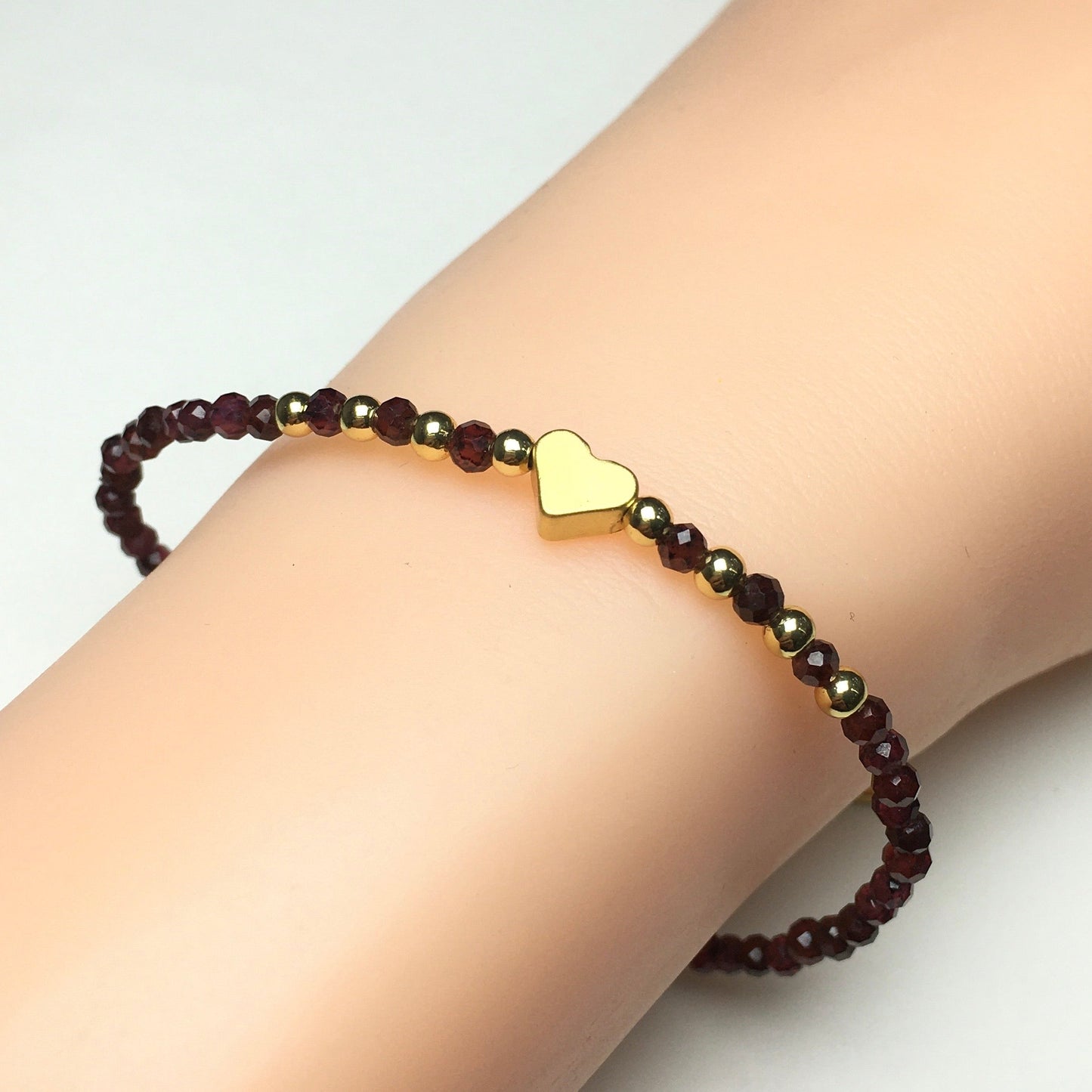 Garnet Gemstone Adjustable Beaded Bracelet with Love Heart Charm