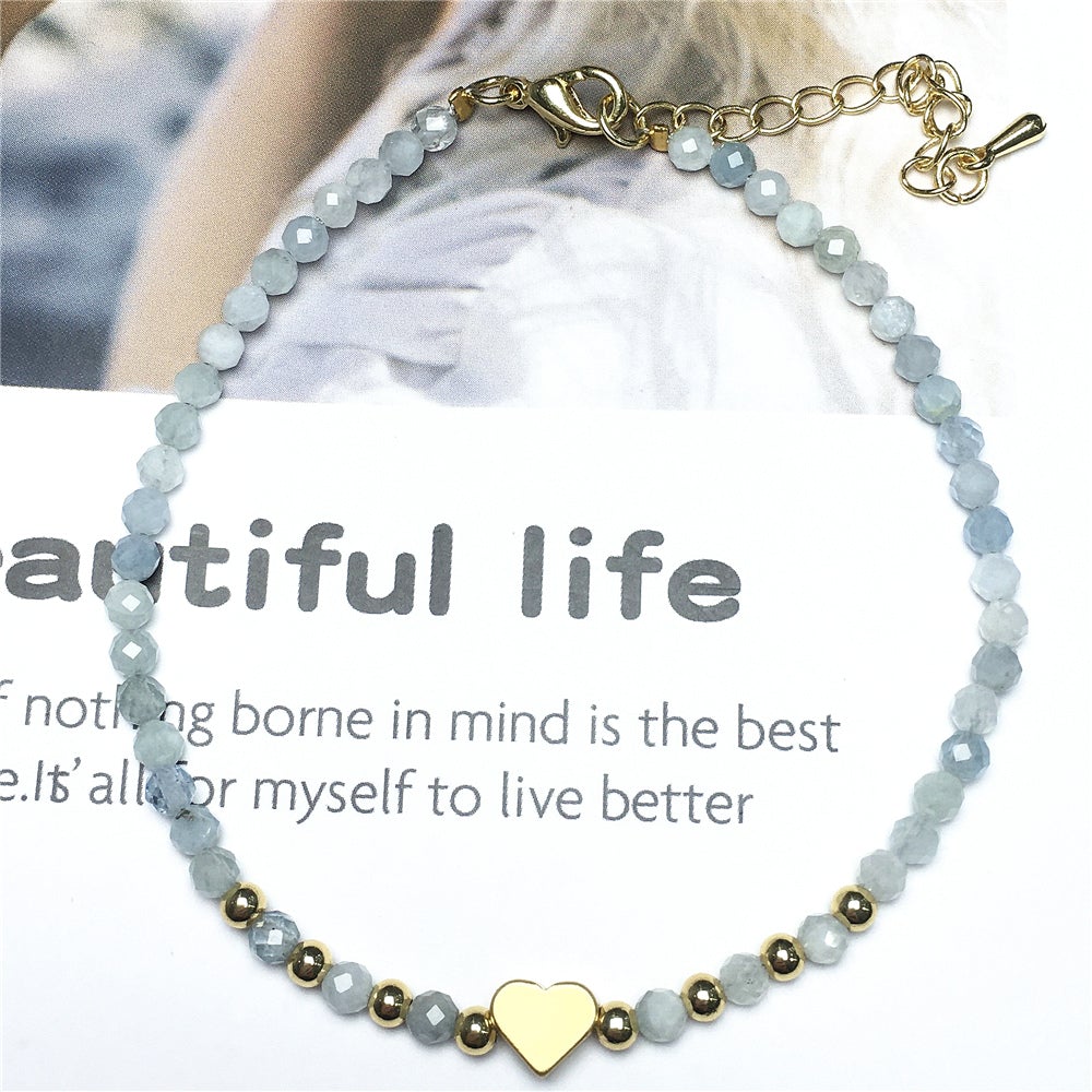 Blue Aquamarine Gemstone Adjustable tiny Beads Gemstone Bracelet with Love Heart Charm