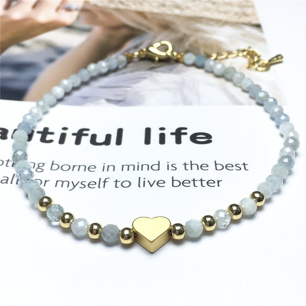 Blue Aquamarine Gemstone Adjustable tiny Beads Gemstone Bracelet with Love Heart Charm