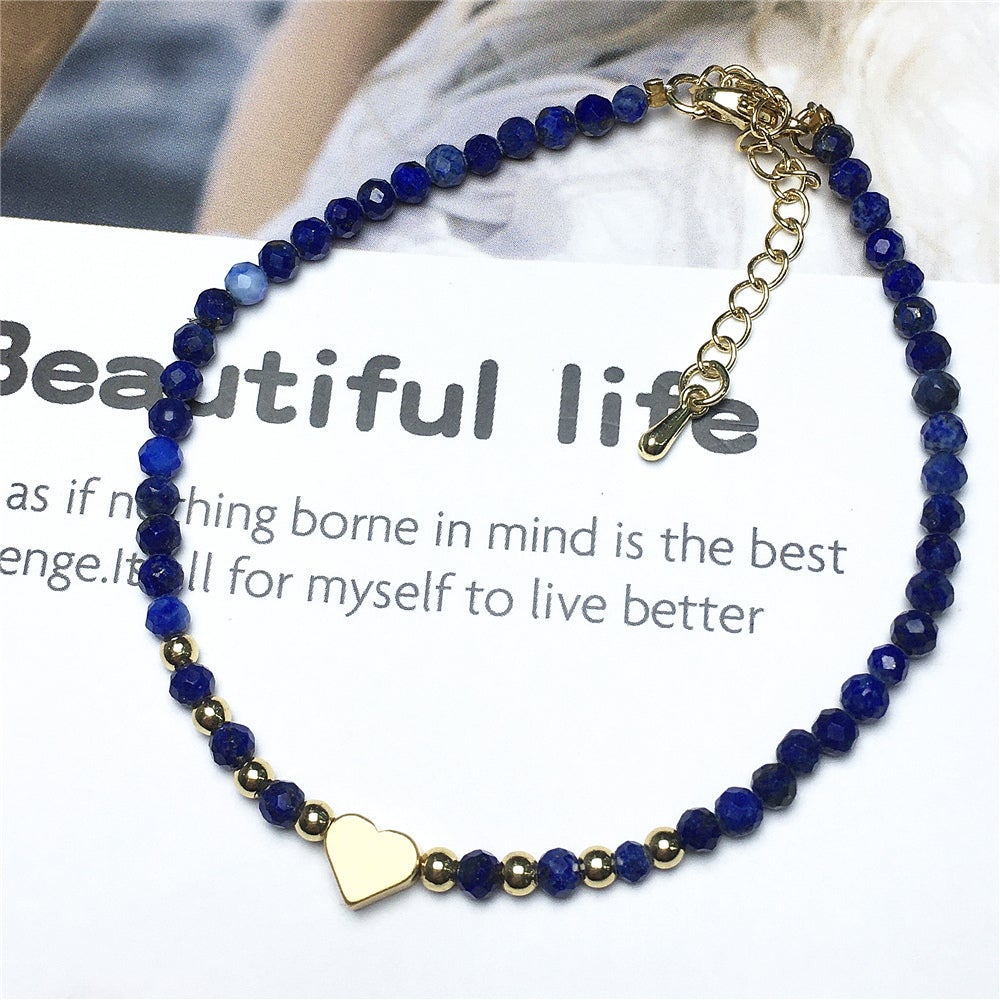 Lapis Lazuli Gemstone Adjustable Tiny Beads Gemstone Bracelet with Love Heart Charm