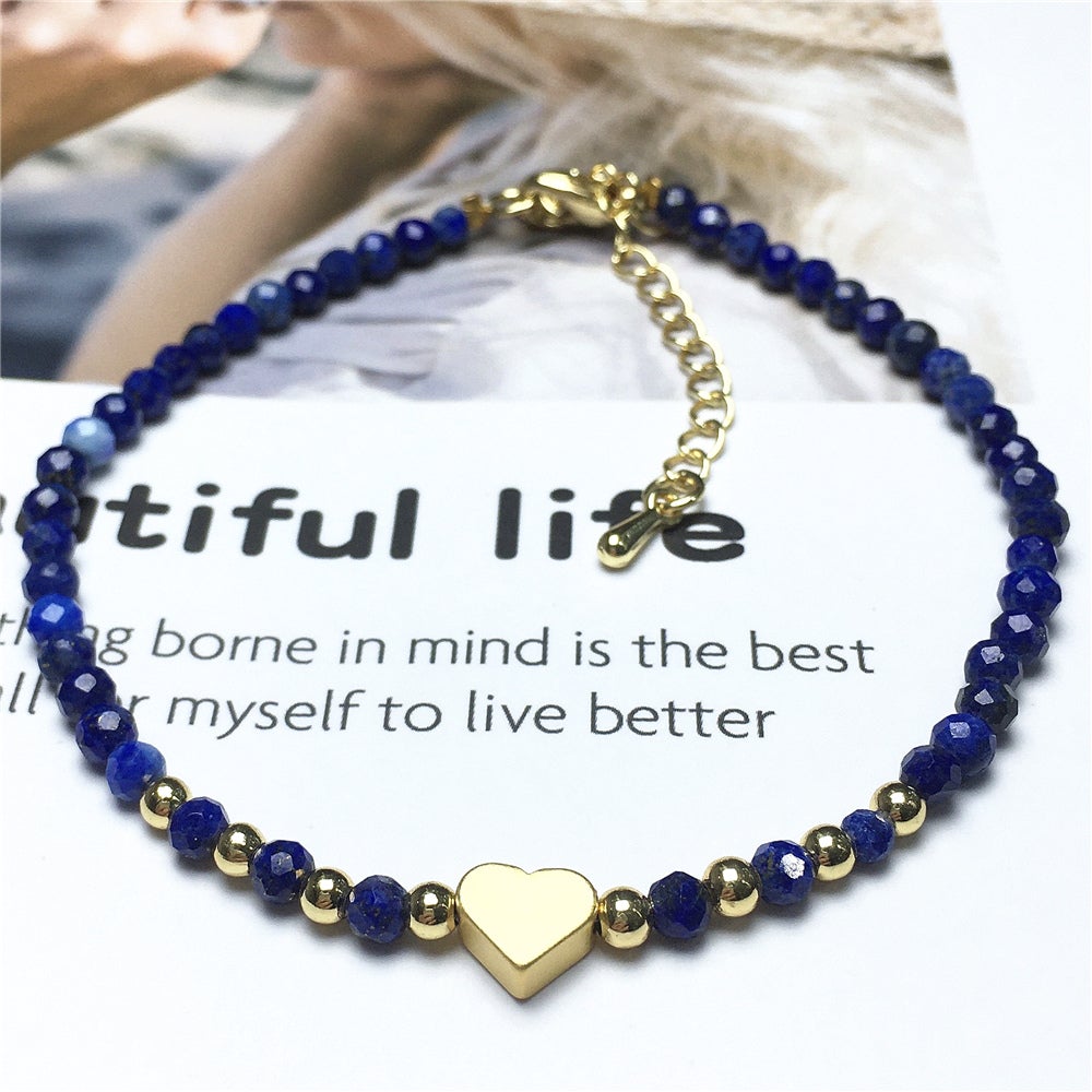 Lapis Lazuli Gemstone Adjustable Tiny Beads Gemstone Bracelet with Love Heart Charm