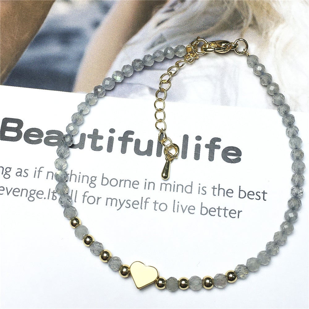 Labradorite Gemstone Adjustable Tiny Beads Gemstone Bracelet with Love Heart Charm