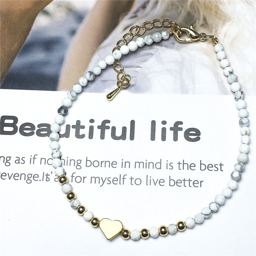 Howlite Gemstone Adjustable tiny Beads Gemstone Bracelet with Love Heart Charm