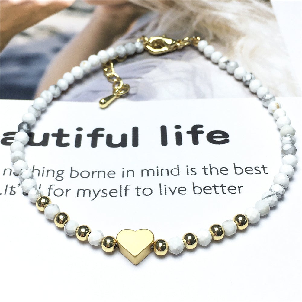 Howlite Gemstone Adjustable tiny Beads Gemstone Bracelet with Love Heart Charm