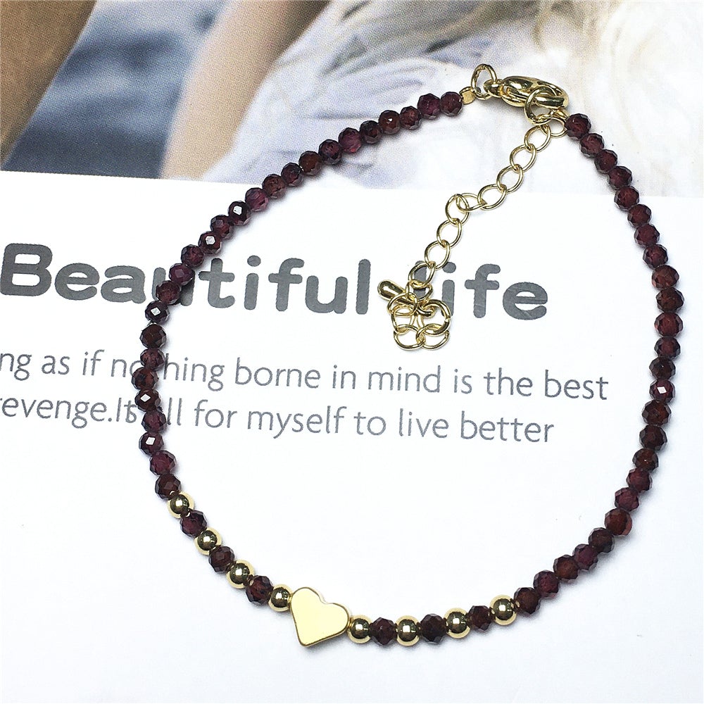 Garnet Gemstone Adjustable Beaded Bracelet with Love Heart Charm