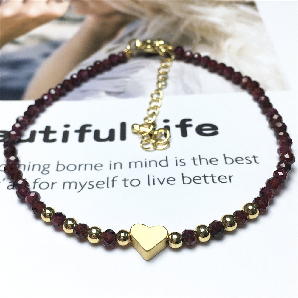 Garnet Gemstone Adjustable Beaded Bracelet with Love Heart Charm