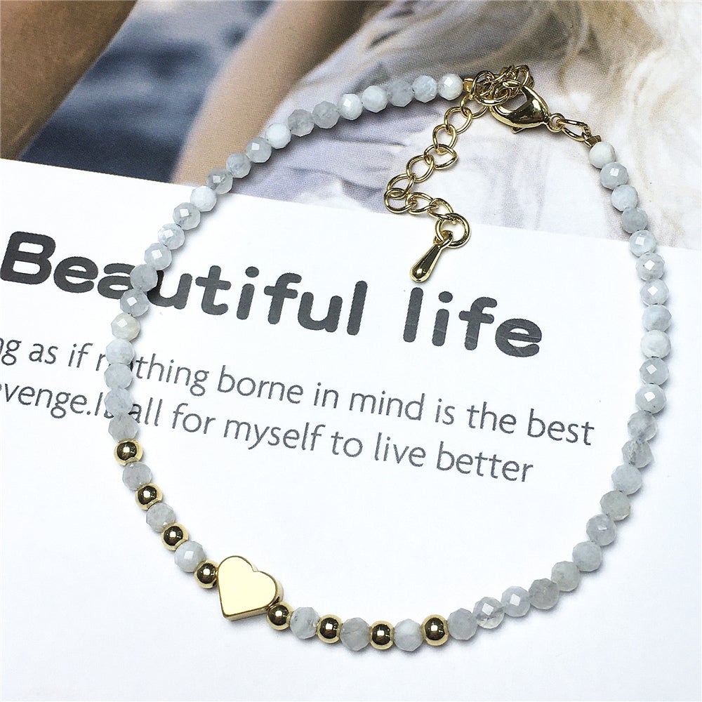 Moonstone Gemstone Adjustable Tiny Beads Gemstone Bracelet with Love Heart Charm