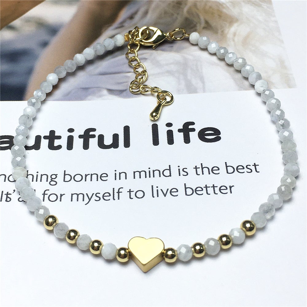 Moonstone Gemstone Adjustable Tiny Beads Gemstone Bracelet with Love Heart Charm