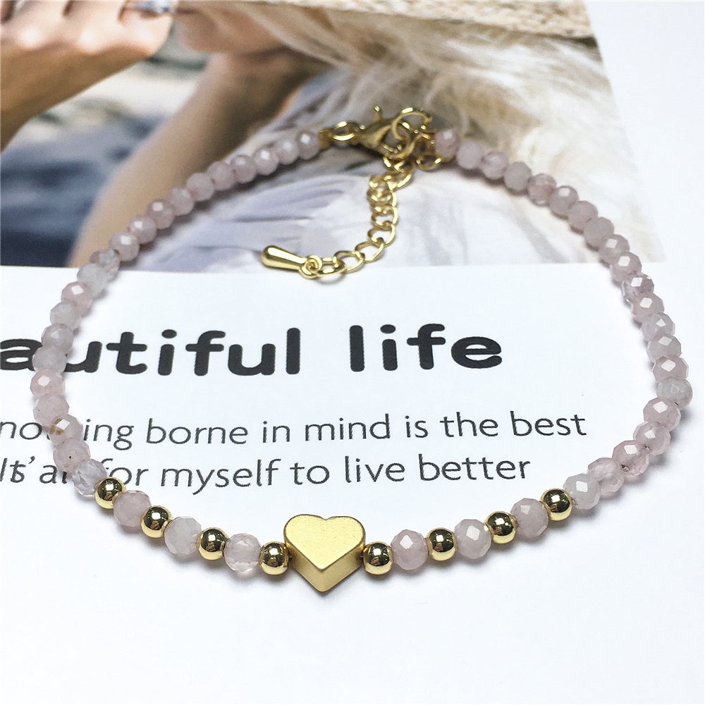 Rose Quartz Gemstone Adjustable Beaded Bracelet with Love Heart Charm