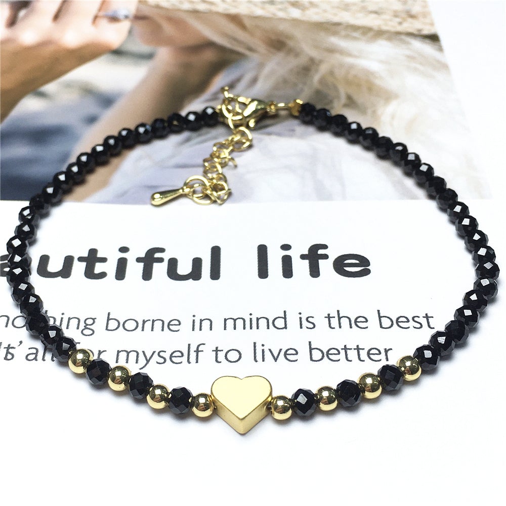 Black Spinel Gemstone Adjustable Beaded Bracelet with Love Heart Charm