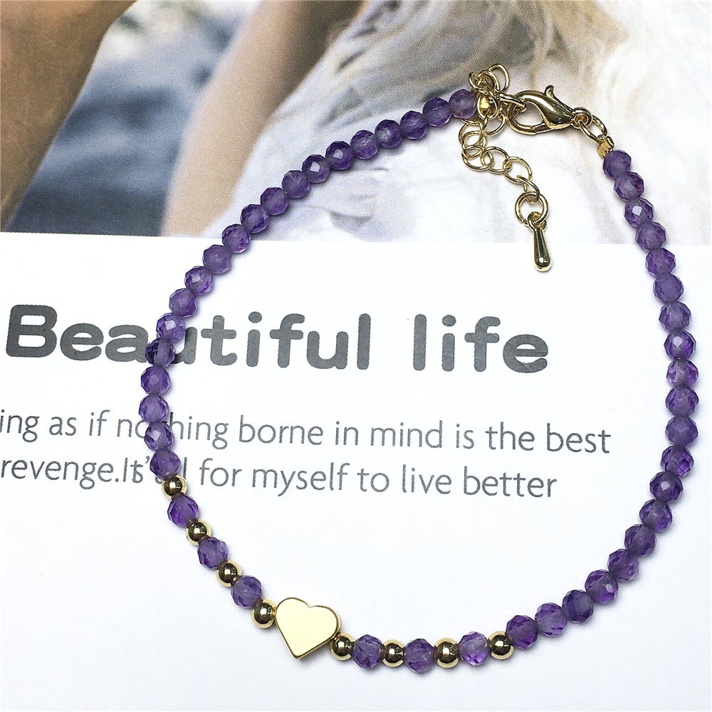 Amethyst Gemstone Adjustable tiny Beads Gemstone Bracelet with Love Heart Charm