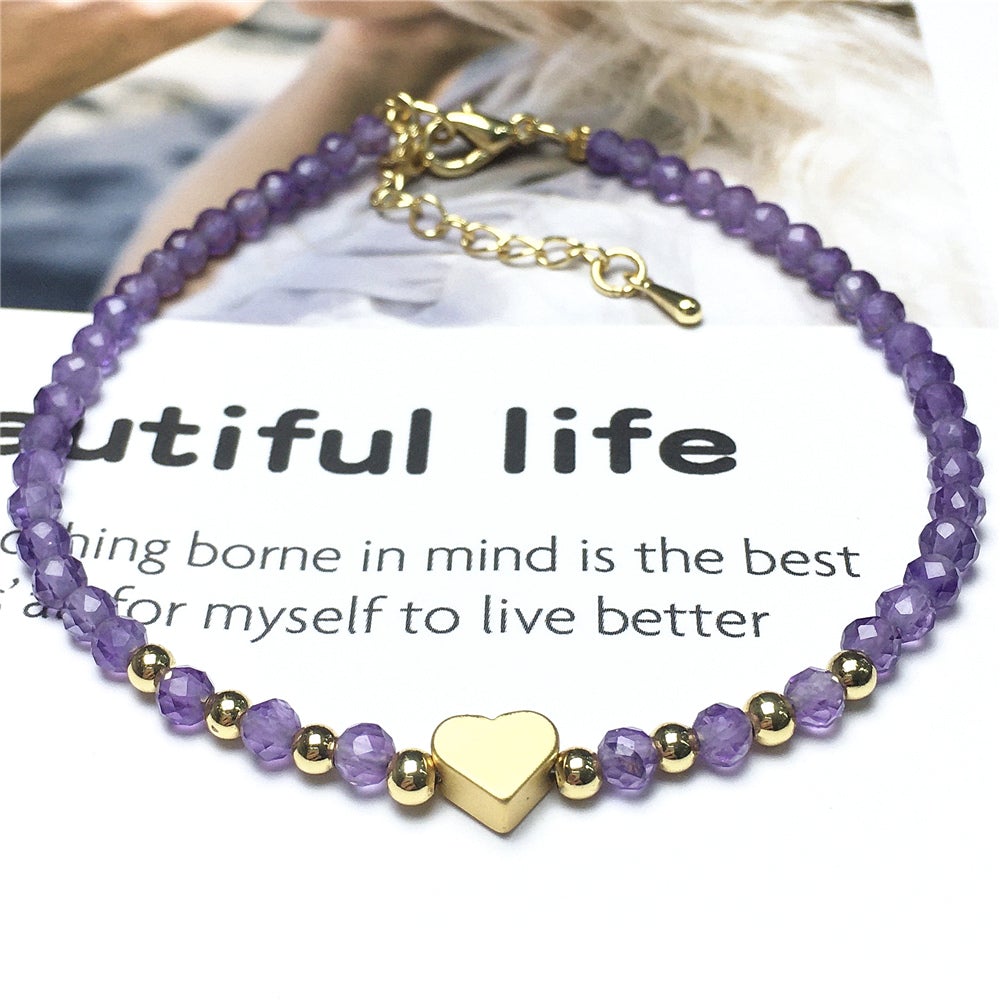 Amethyst Gemstone Adjustable tiny Beads Gemstone Bracelet with Love Heart Charm