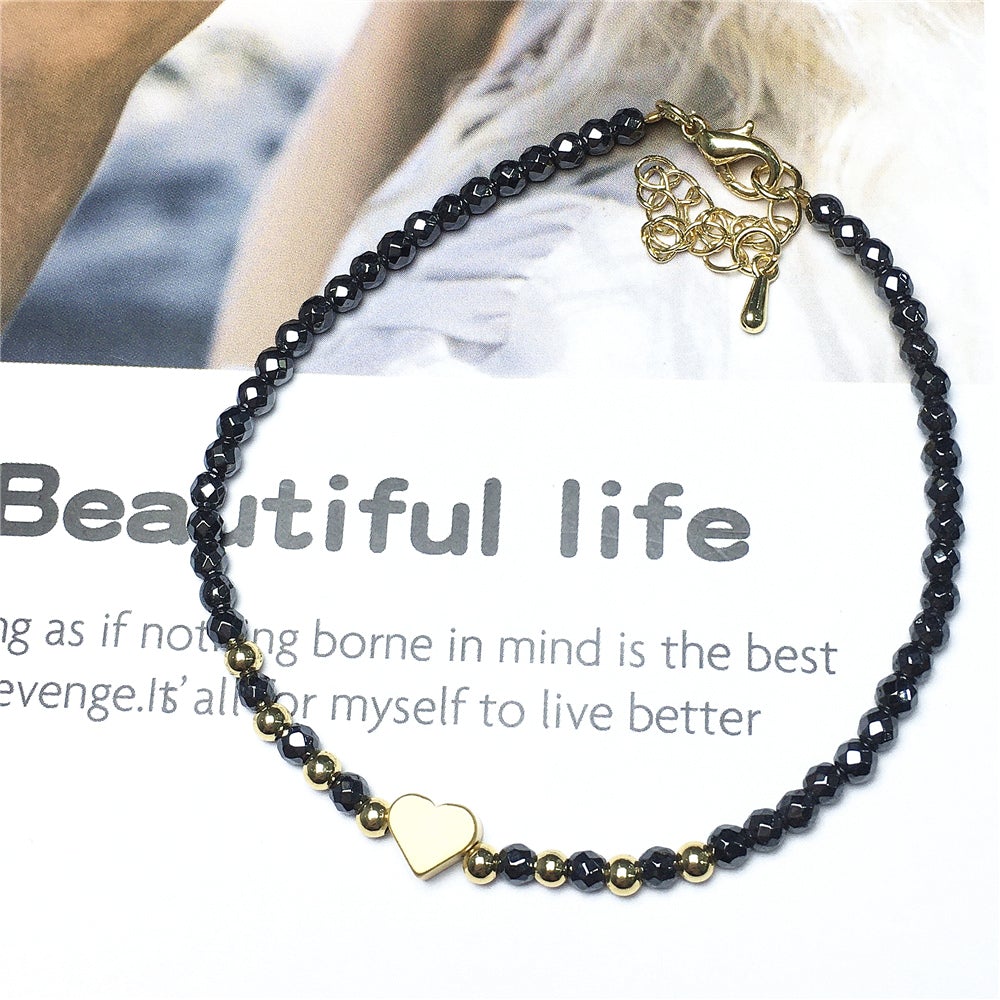 Hematite Gemstone Adjustable Tiny Beads Gemstone Bracelet with Love Heart Charm