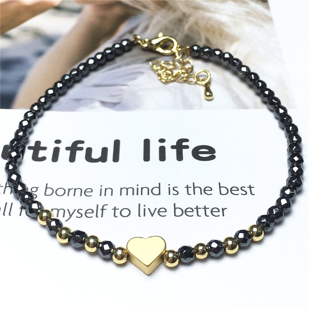 Hematite Gemstone Adjustable Tiny Beads Gemstone Bracelet with Love Heart Charm