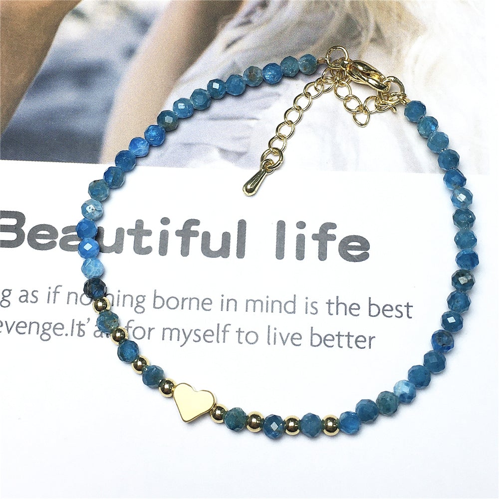 Blue Apatite Gemstone Adjustable tiny Beads Gemstone Bracelet with Love Heart Charm