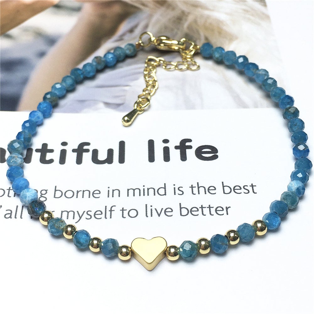 Blue Apatite Gemstone Adjustable tiny Beads Gemstone Bracelet with Love Heart Charm