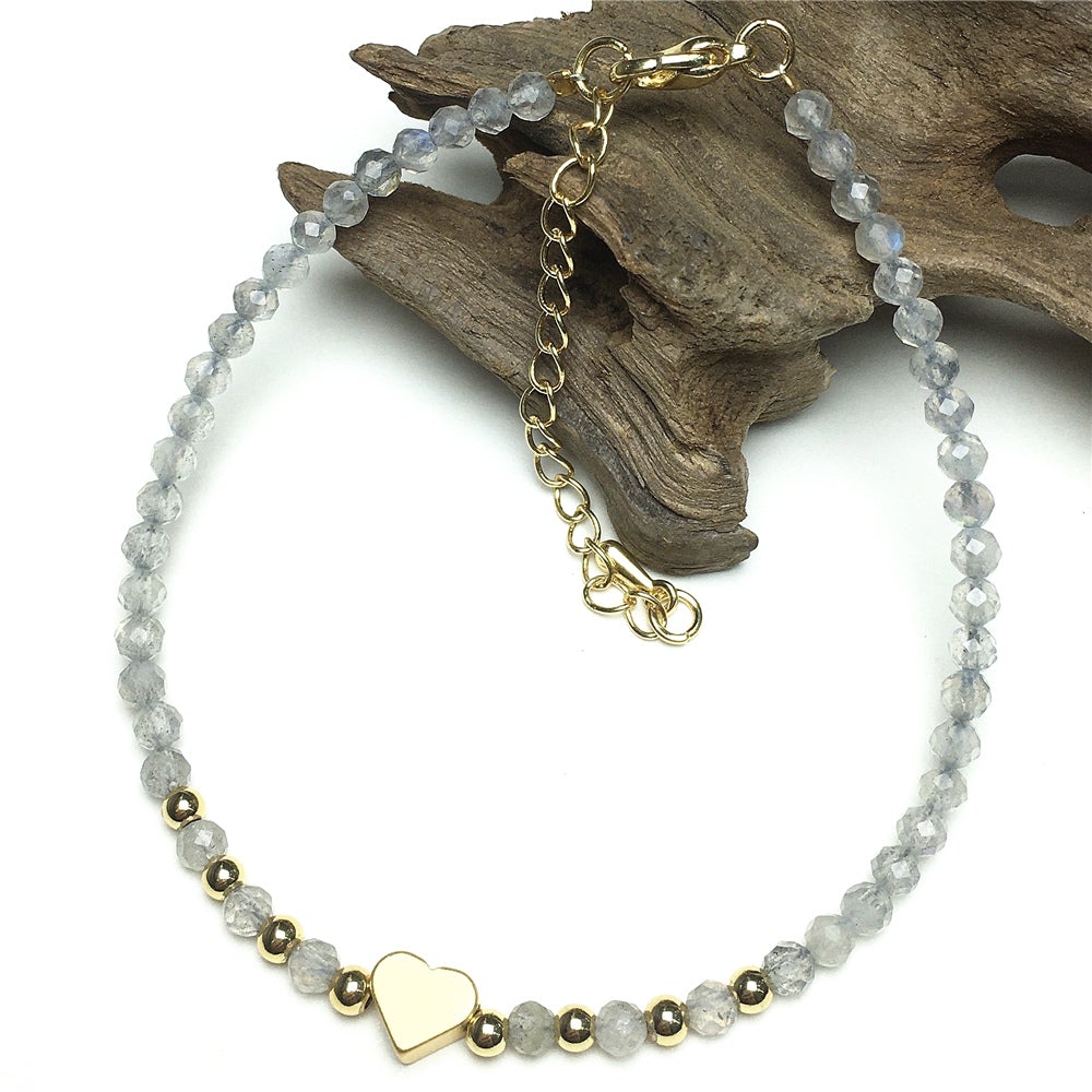 Labradorite Gemstone Adjustable Tiny Beads Gemstone Bracelet with Love Heart Charm