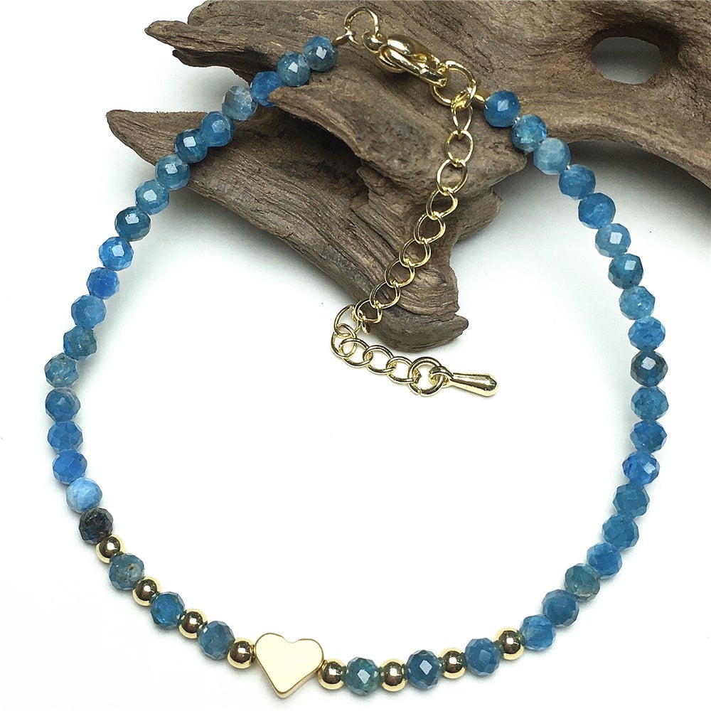 Blue Apatite Gemstone Adjustable tiny Beads Gemstone Bracelet with Love Heart Charm