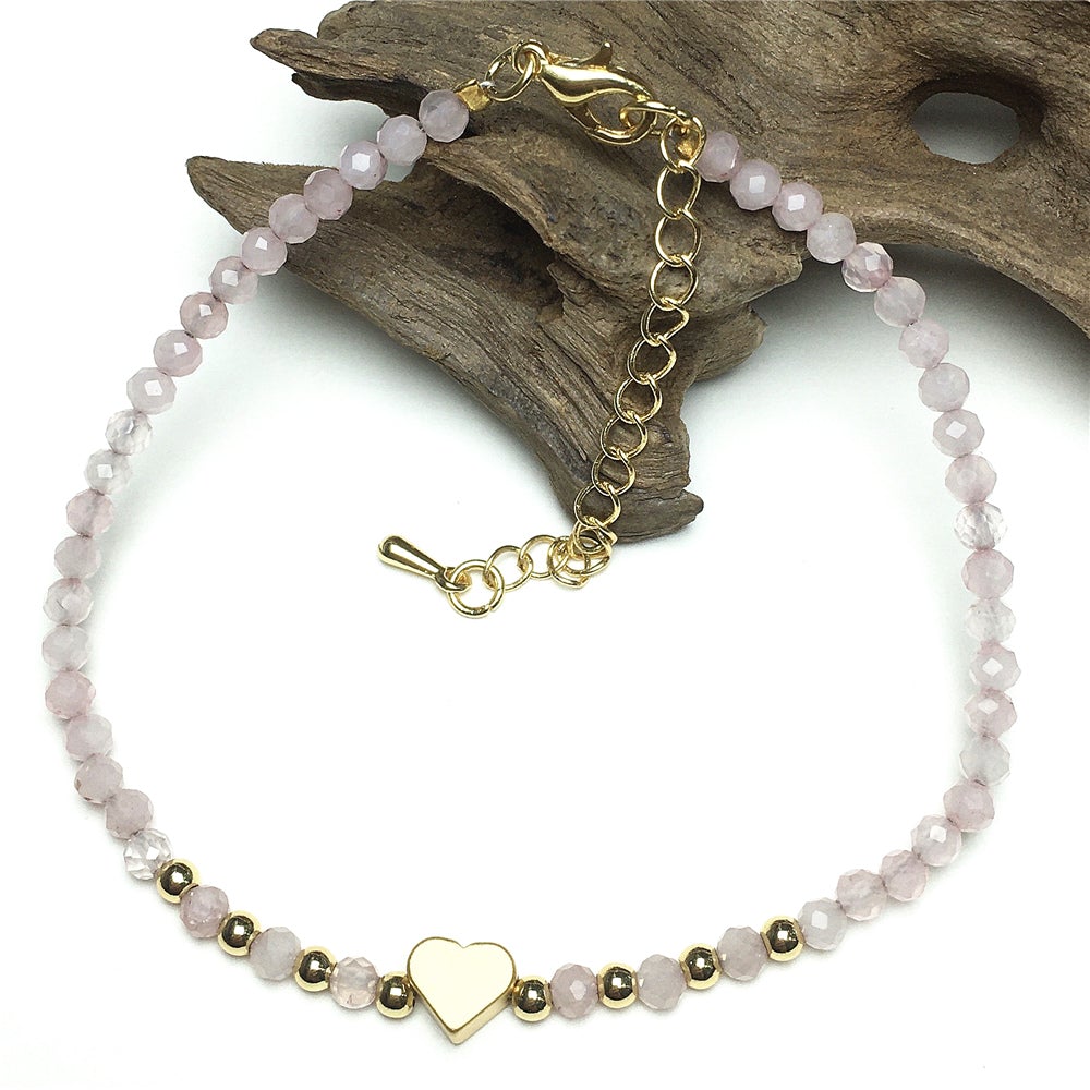 Rose Quartz Gemstone Adjustable Beaded Bracelet with Love Heart Charm