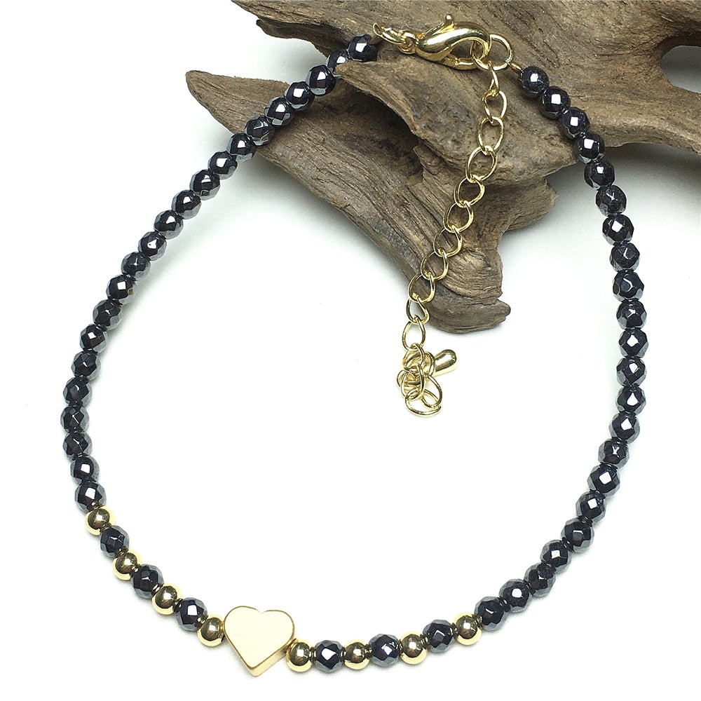Hematite Gemstone Adjustable Tiny Beads Gemstone Bracelet with Love Heart Charm
