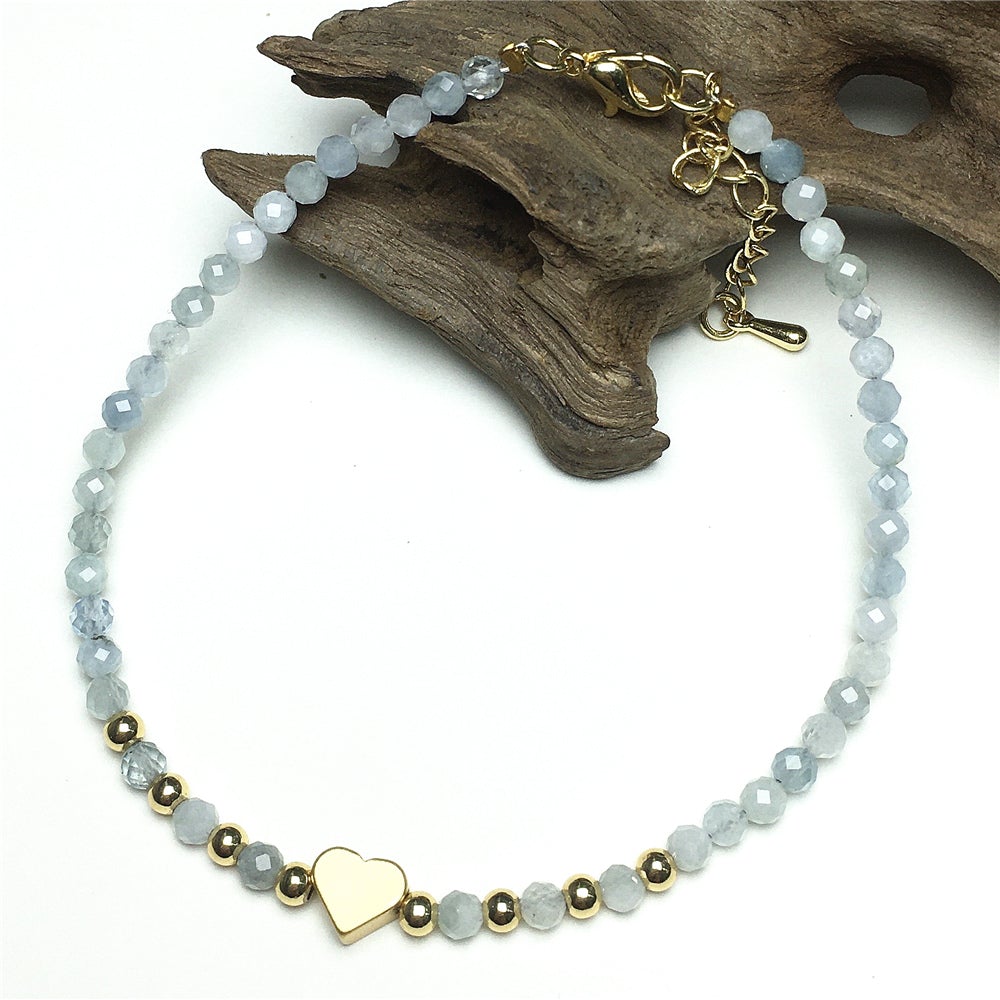 Blue Aquamarine Gemstone Adjustable tiny Beads Gemstone Bracelet with Love Heart Charm
