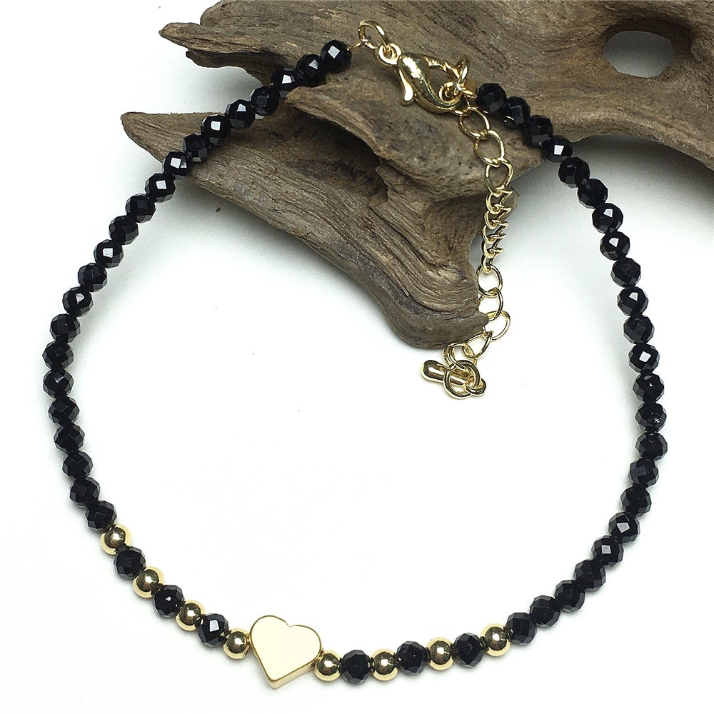 Black Spinel Gemstone Adjustable Beaded Bracelet with Love Heart Charm
