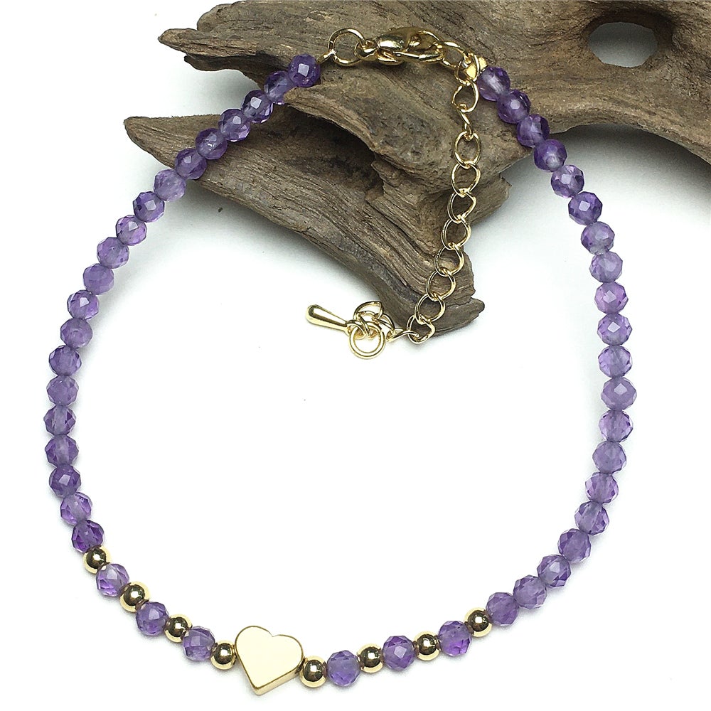 Amethyst Gemstone Adjustable tiny Beads Gemstone Bracelet with Love Heart Charm