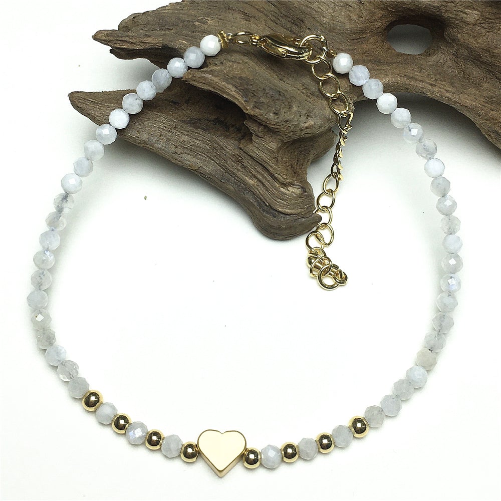 Moonstone Gemstone Adjustable Tiny Beads Gemstone Bracelet with Love Heart Charm