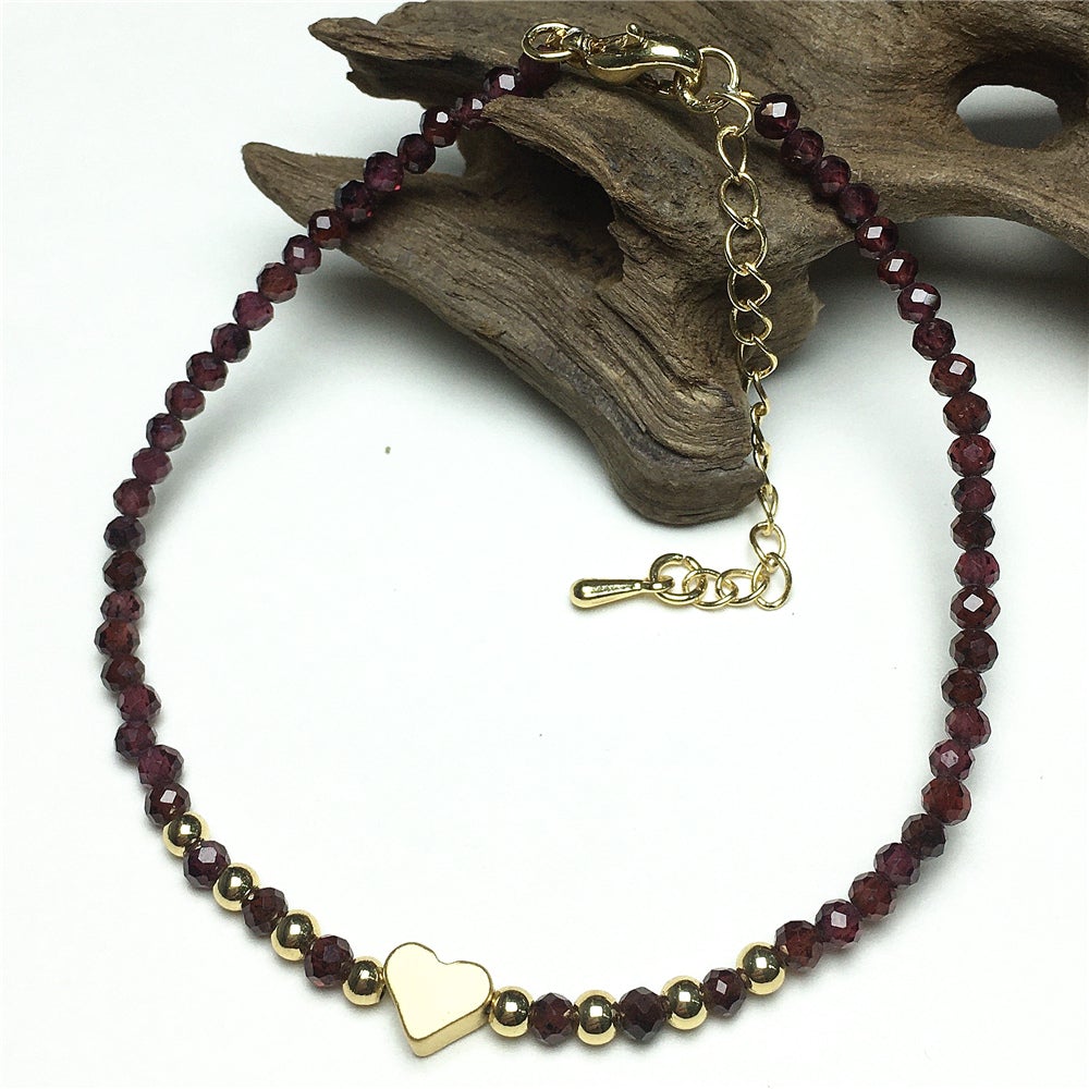 Garnet Gemstone Adjustable Beaded Bracelet with Love Heart Charm