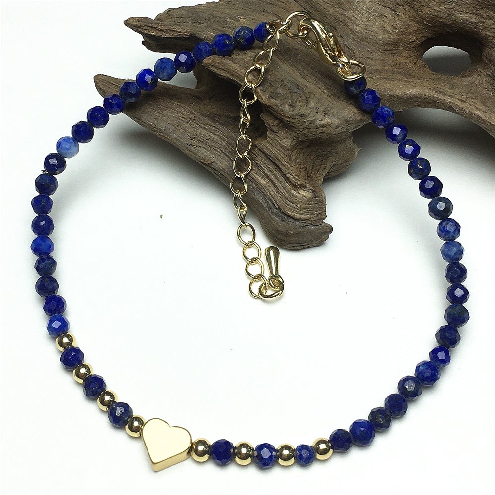 Lapis Lazuli Gemstone Adjustable Tiny Beads Gemstone Bracelet with Love Heart Charm