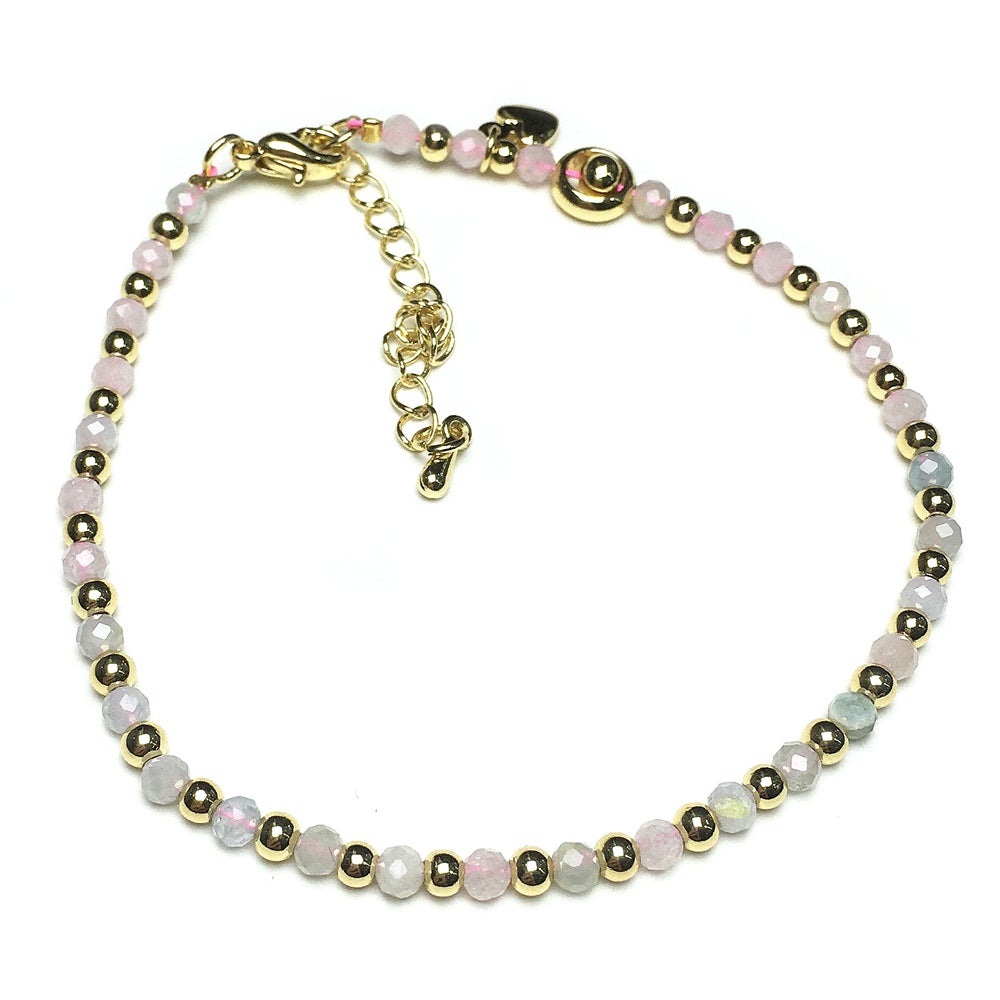 Morganite Gemstone Adjustable Bracelet Tiny Beads Gemstone Bracelet with Love Heart Charm