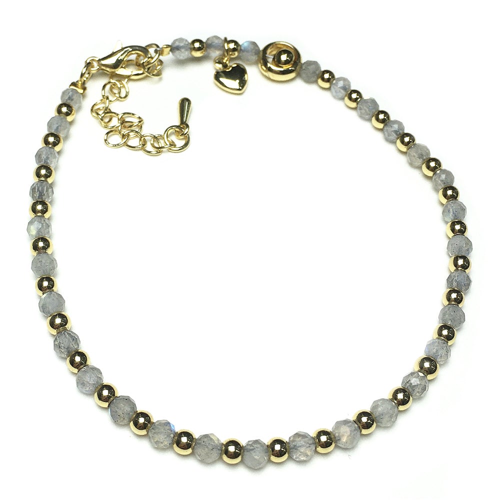 Labradorite Gemstone Adjustable Bracelet Tiny Beads Gemstone Bracelet with Love Heart Charm