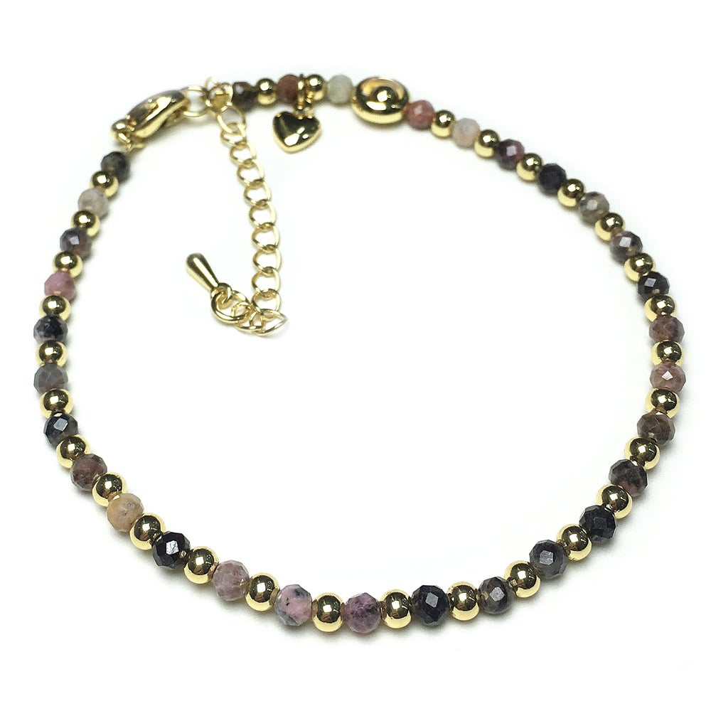 Pink Rhodonite Gemstone Adjustable Bracelet Tiny Beads Gemstone Bracelet with Love Heart Charm