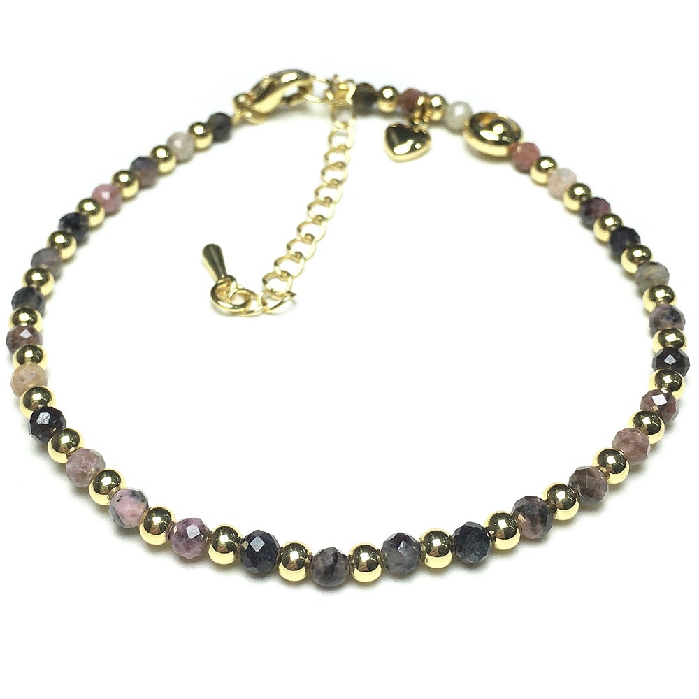 Pink Rhodonite Gemstone Adjustable Bracelet Tiny Beads Gemstone Bracelet with Love Heart Charm