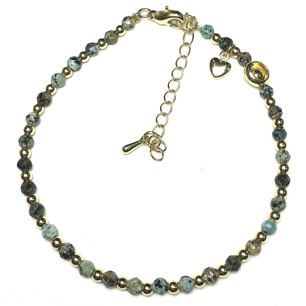 African Turquoise Gemstone Adjustable Bracelet Tiny Beads Gemstone Bracelet with Love Heart Charm