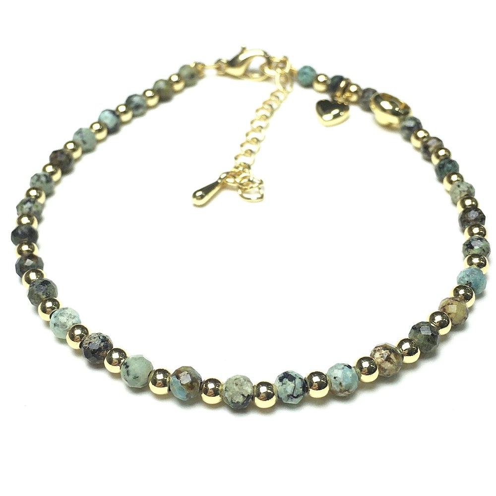 African Turquoise Gemstone Adjustable Bracelet Tiny Beads Gemstone Bracelet with Love Heart Charm