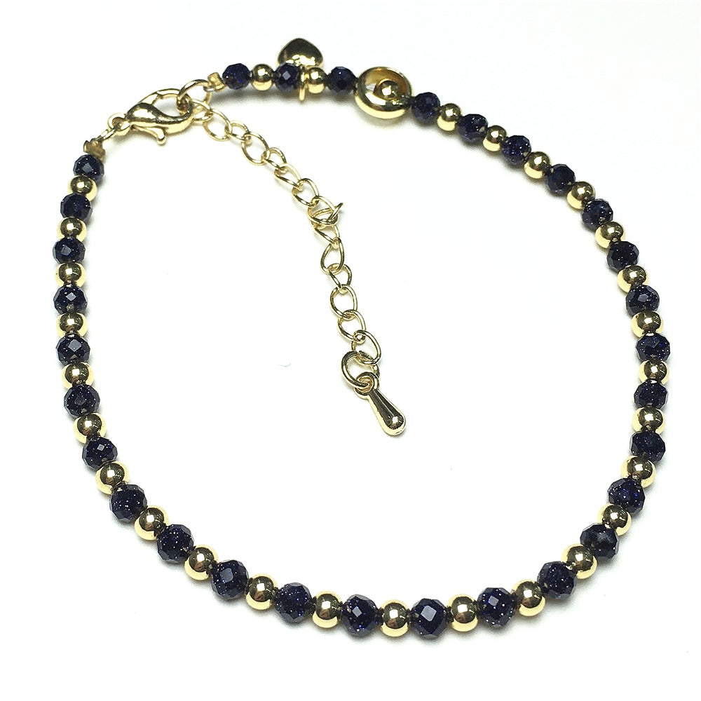 Blue Sandstone Gemstone Adjustable Bracelet Tiny Beads Gemstone Bracelet with Love Heart Charm
