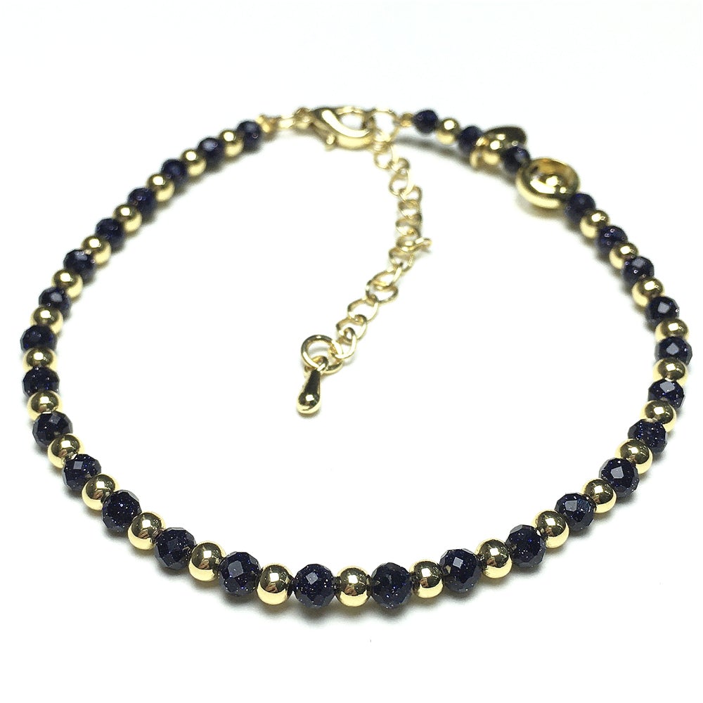 Blue Sandstone Gemstone Adjustable Bracelet Tiny Beads Gemstone Bracelet with Love Heart Charm