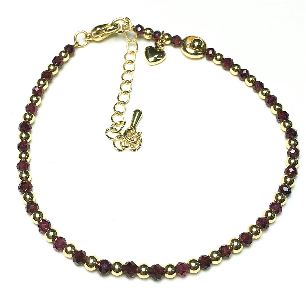 Red Garnet Gemstone Adjustable Bracelet Tiny Beads Gemstone Bracelet with Love Heart Charm