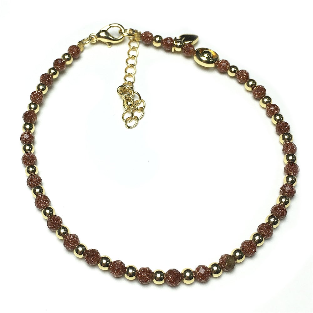 Gold Sandstone Gemstone Adjustable Bracelet Tiny Beads Gemstone Bracelet with Love Heart Charm