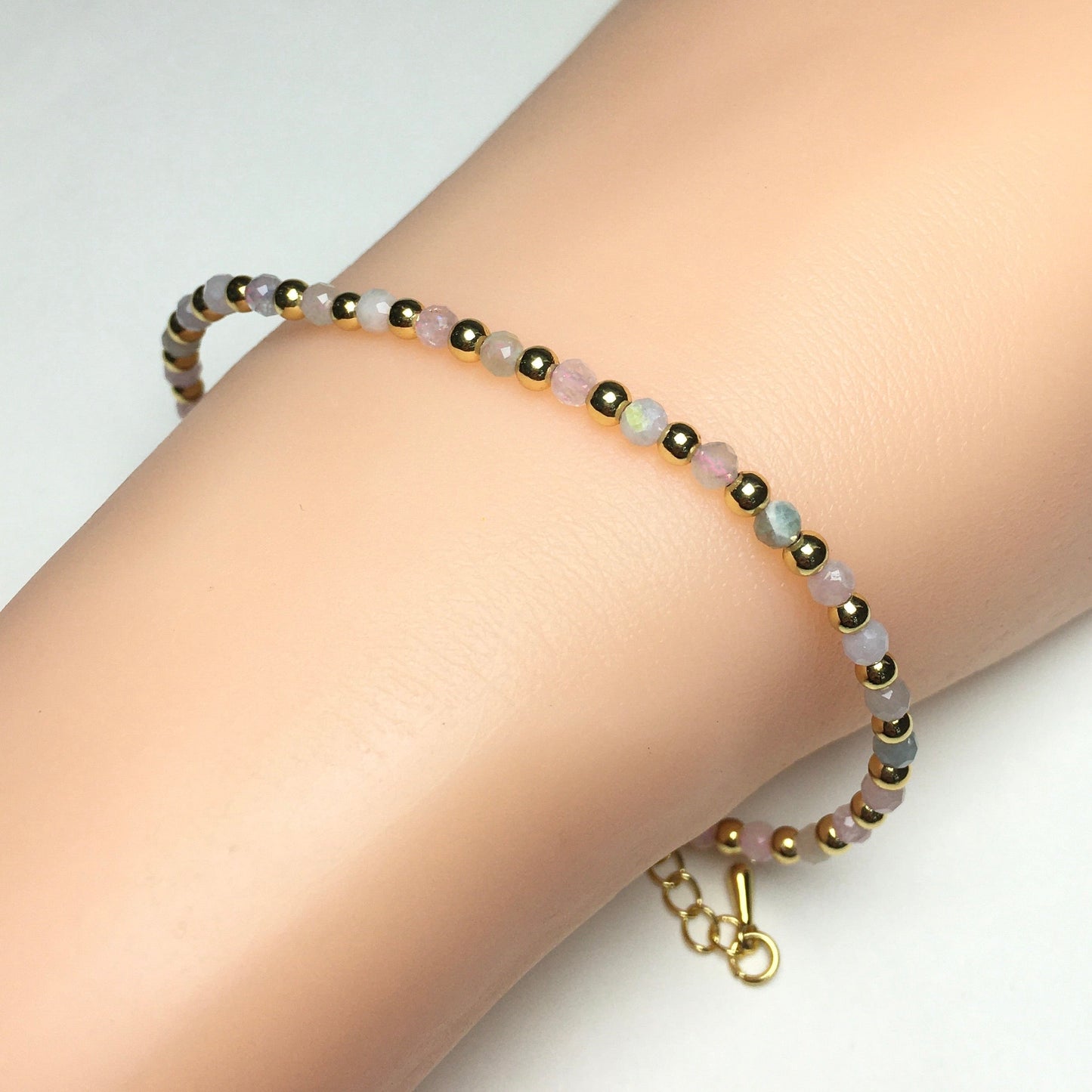Morganite Gemstone Adjustable Bracelet Tiny Beads Gemstone Bracelet with Love Heart Charm