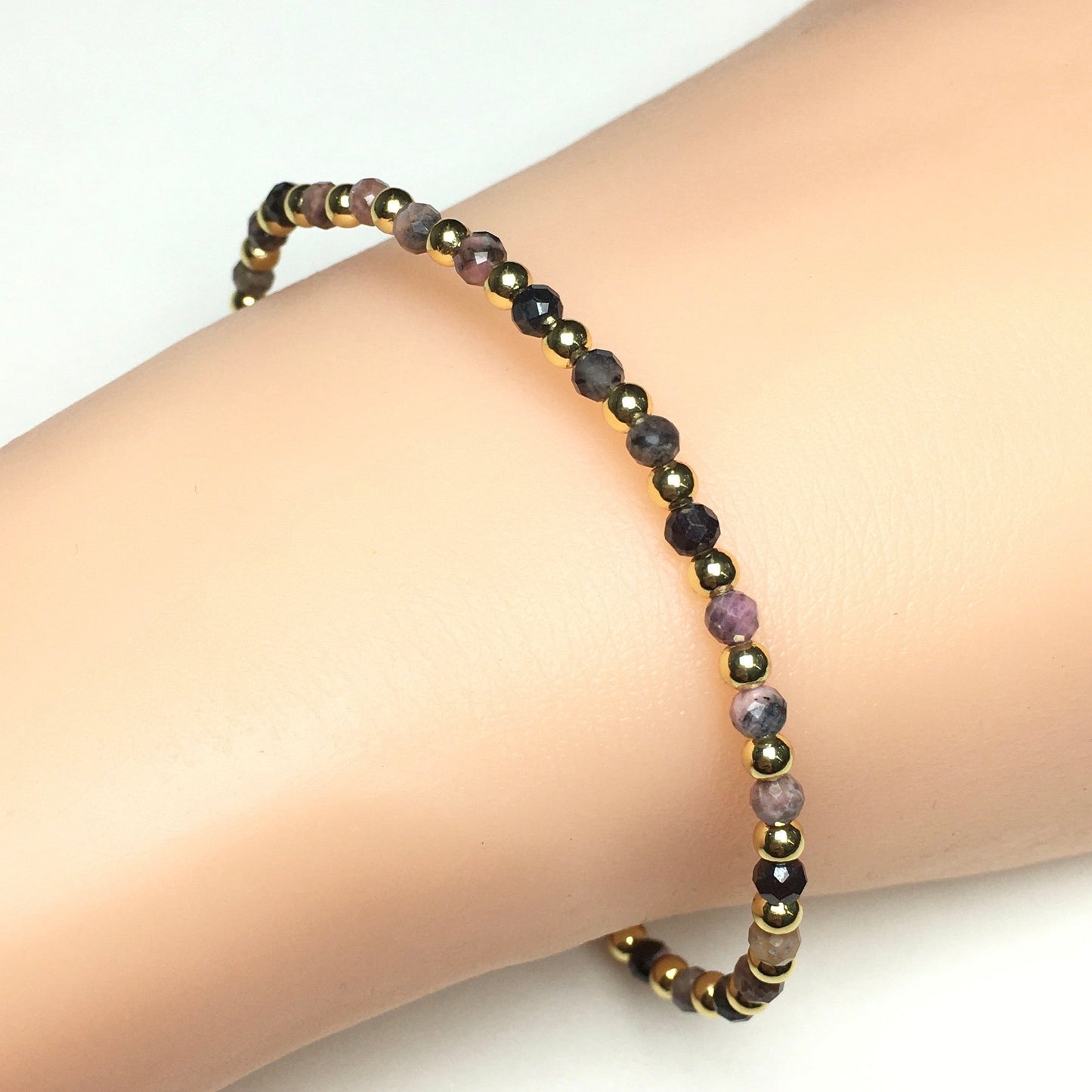 Pink Rhodonite Gemstone Adjustable Bracelet Tiny Beads Gemstone Bracelet with Love Heart Charm