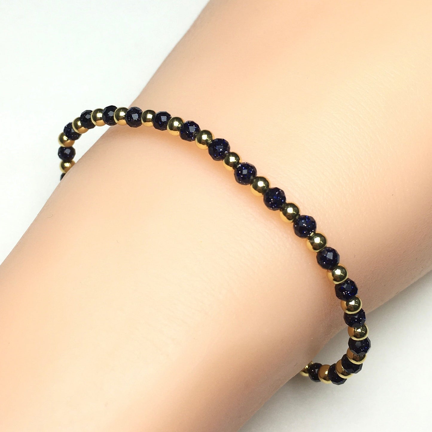 Blue Sandstone Gemstone Adjustable Bracelet Tiny Beads Gemstone Bracelet with Love Heart Charm