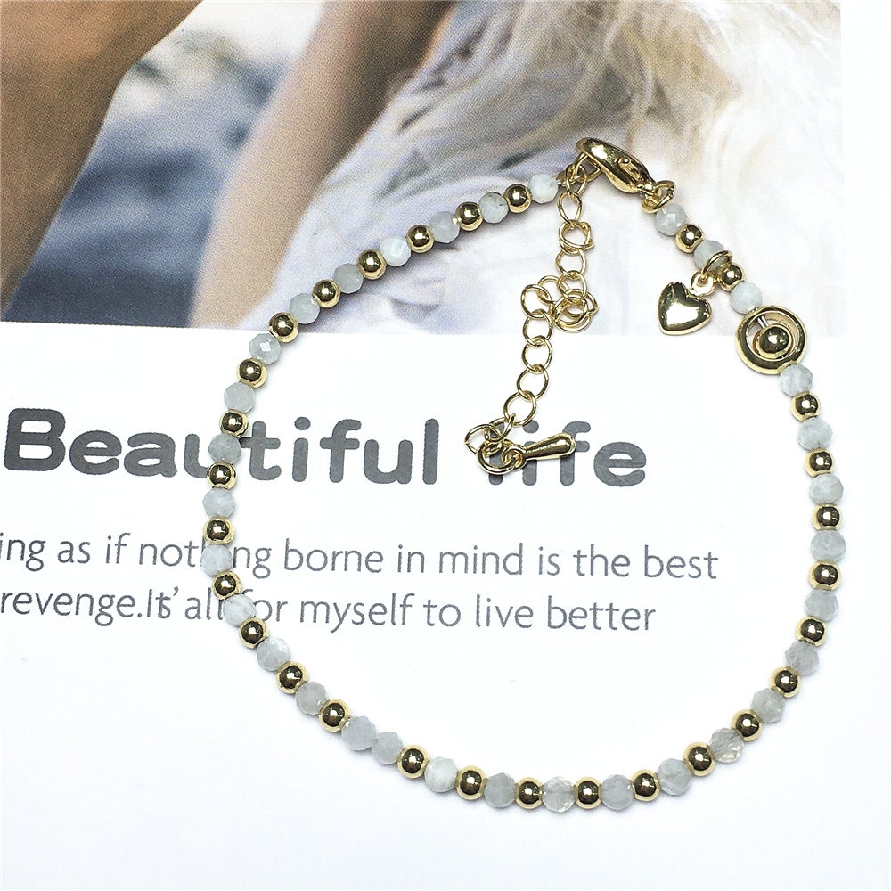 Moonstone Gemstone Adjustable Bracelet Tiny Beads Gemstone Bracelet with Love Heart Charm
