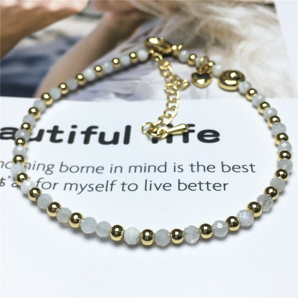 Moonstone Gemstone Adjustable Bracelet Tiny Beads Gemstone Bracelet with Love Heart Charm