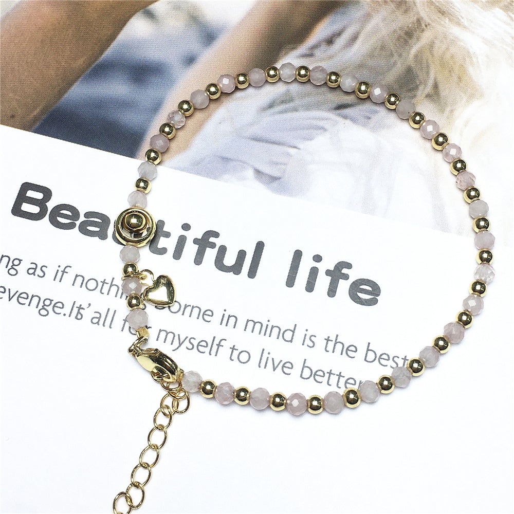 Pink Rose Quartz Gemstone Adjustable Bracelet Tiny Beads Gemstone Bracelet with Love Heart Charm